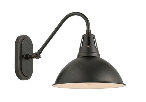 PNG cut out isolated background. A dark bronze or black industrial-style gooseneck wall sconce is presented, featuring a curved arm, a domed shade, and visible mounting hardware.