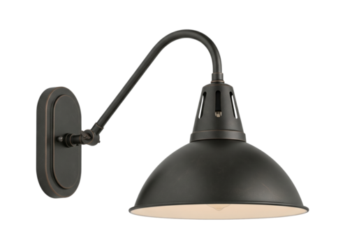 PNG cut out isolated background. A dark bronze or black industrial-style gooseneck wall sconce is presented, featuring a curved arm, a domed shade, and visible mounting hardware.