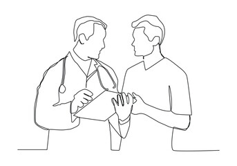 One continuous line drawing of young male doctor giving consultation session to male patient while reading medical record.