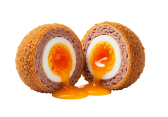 PNG cut out isolated background. Halved Scotch Egg with Gooey Yolk.
