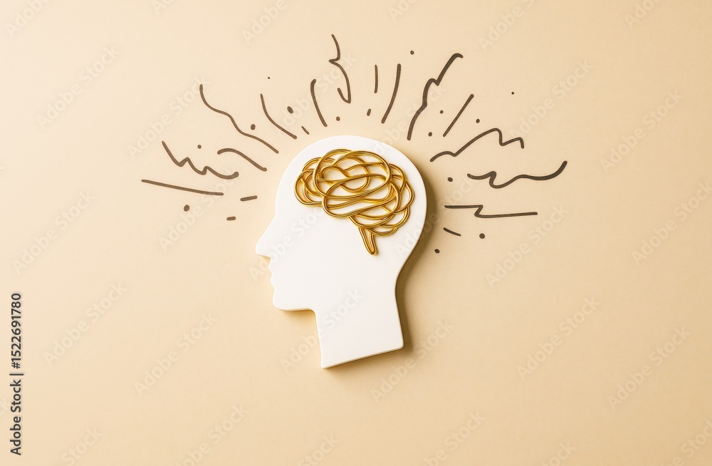 Poster creative human head silhouette with golden brain illustration and abstract thought lines on light be