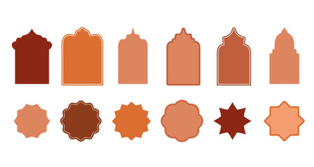 Islamic round frame, brown shape, design template, vector flat illustration. Collection of oriental style arab windows and arches in boho style