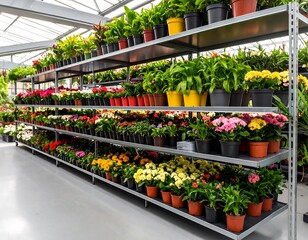 Rows of potted plants in a greenhouse