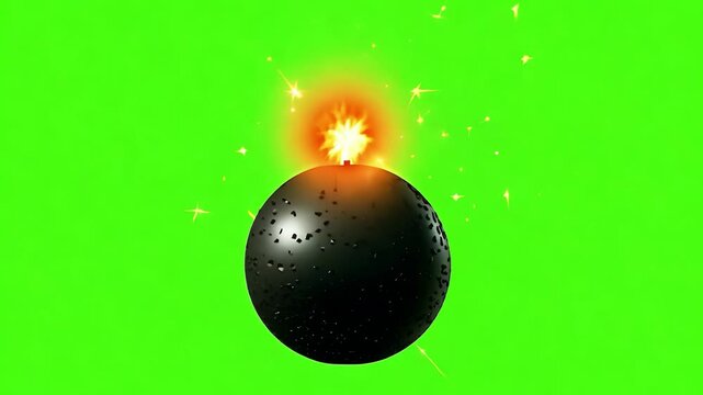 Round bomb burning with sparks on green screen
