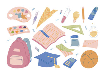 Vector cartoon set of colorful school and education supplies. Cute hand drawn back to school objects for learning, study materials, classroom posters, creative designs, and kids projects.