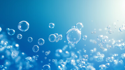 A blue sky with many bubbles in it. The bubbles are scattered throughout the sky and are of various sizes. Concept of freedom and playfulness