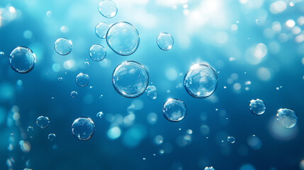 A blue sky with many bubbles in it. The bubbles are scattered throughout the sky and are of various sizes. Concept of freedom and playfulness
