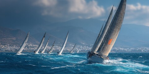 Multiple sailboats competing in ocean regatta with mountains and coastal city in background. Concept of sport, competition, sailing, speed, control, and marine endurance.