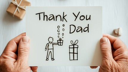 Heartfelt thank you card for dad expressing love and appreciation with a simple illustration of gift giving