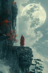 A wise monk in traditional robes, standing at the edge of a cliff overlooking an ancient, enchanted forest bathed in moonlight