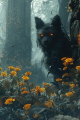 An ancient shrine deep in the forest, guarded by ethereal fox spirits with glowing eyes and surrounded by mystical, blooming flowers. 
