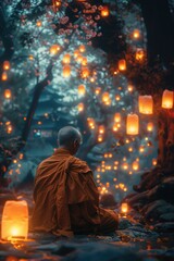 An ancient monk meditating under a sacred, enormous cherry blossom tree with floating lanterns illuminating the night sky
