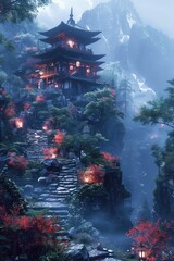 An ancient shrine deep in the forest, guarded by ethereal fox spirits with glowing eyes and surrounded by mystical, blooming flowers.