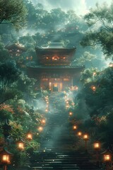 An ancient shrine deep in the forest, guarded by ethereal fox spirits with glowing eyes and surrounded by mystical, blooming flowers. 