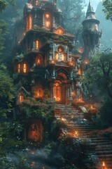 An ancient shrine deep in the forest, guarded by ethereal fox spirits with glowing eyes and surrounded by mystical, blooming flowers.