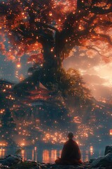 An ancient monk meditating under a sacred, enormous cherry blossom tree with floating lanterns illuminating the night sky