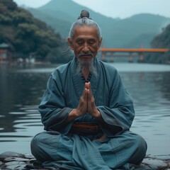 an asian monk praying devoutly by the river, putout in the air