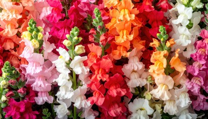 Snapdragons vibrant, colorful cluster of flowers in shades of pink, orange, red, and white blooms