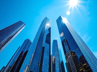 Skyscrapers shot from a low angle with clear blue sky. Ideal for architecture themes, business district visuals, urban planning, and real estate presentations