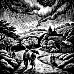 Fototapeta premium Rain Engraving Art Vector in Vintage Etching Style