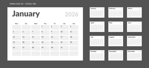 2026 Calendar Planner Set of Template 12 Monthly Page for Company or Personal use. Vector layout of a wall or desk organizer with week start Monday for print. Page for size A4-21x29.7cm 