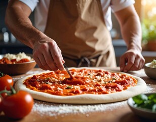 Chef applying sauce to pizza