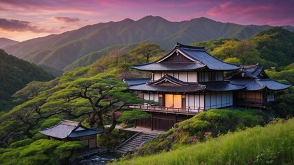 Fototapeta premium A scenic riverside with a wooden Japanese house in snow-capped hills, sunset with soft golden light and romantic tone