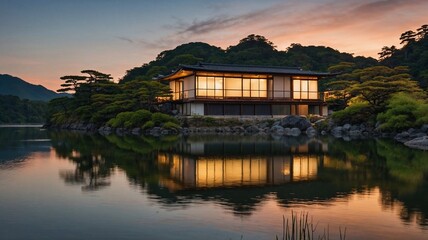 Fototapeta premium A scenic riverside with a wooden Japanese house in snow-capped hills, sunset with soft golden light and romantic tone