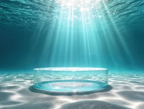 Underwater View of Transparent Podium with Sunlight Patterns