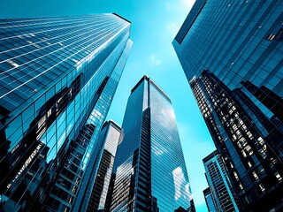 Skyscrapers shot from a low angle with clear blue sky. Ideal for architecture themes, business district visuals, urban planning, and real estate presentations