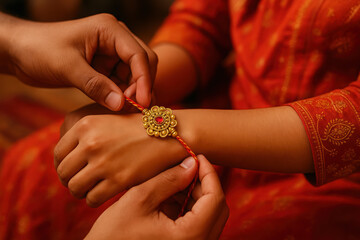 Celebrating raksha bandhan: hands tying rakhi in festive ceremony