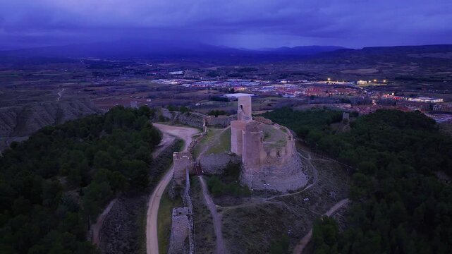 Aerial view from a drone of the Great Castle of Emir Ayyub ibn Aviv Lajmi. City of Calatayud, Community of Calatayud, Zaragoza Province, Aragon, Spain, Europe