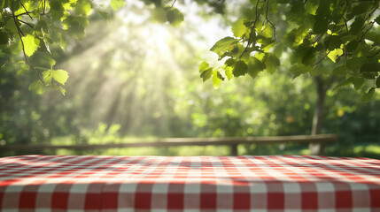 A checkered tablecloth with a red and white checkered pattern. The table is empty and has a view of a lush green field