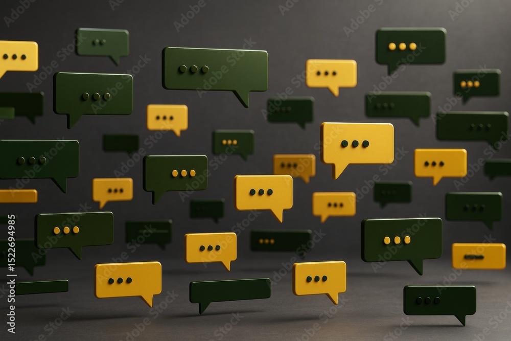 Poster Floating green and yellow chat bubbles with three dots symbolizing messages on dark background. Creative communication concept design. Ai generative.