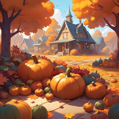 Obraz premium Square stylized illustration showing cozy autumn decor with pumpkins, vibrant fallen leaves, and acorns in warm colors, ideal for seasonal greeting cards, home decor, and marketing materials