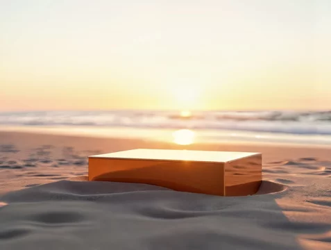 Half-Buried Reflective Display Stand on Sandy Beach