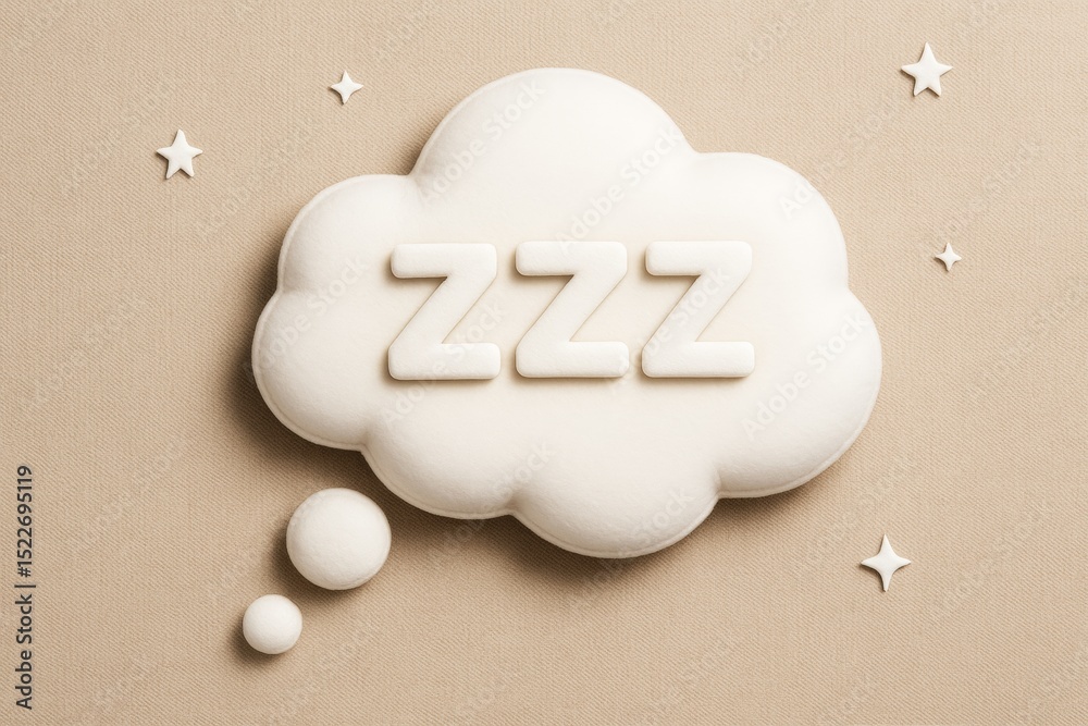 Poster White cloud-shaped thought bubble with ZZZ symbol and stars on beige background, representing sleep and dreaming concept in minimal graphic style.