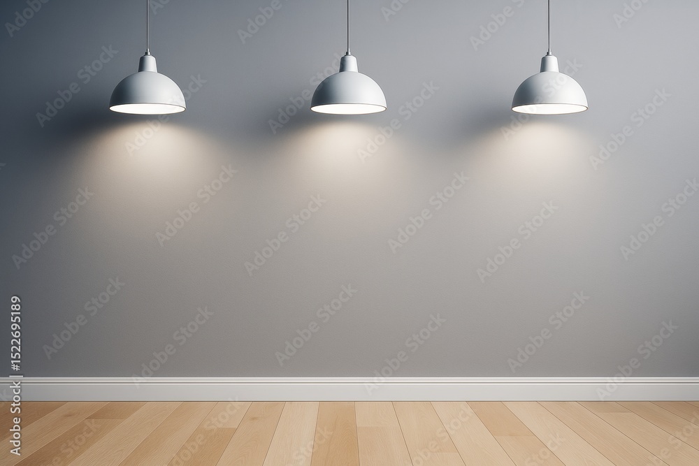 Poster minimalist interior background with three dome pendant lights casting soft illumination on a gray wa