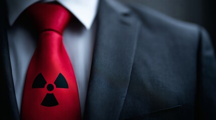 Red tie with black radiation sign on suit, Businessman suit with nuclear warning, Concept of corporate danger or radioactive risk