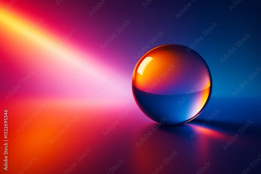 Poster abstract glass sphere with vibrant orange and blue reflections on colorful gradient background with 