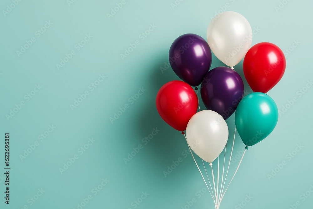 Poster Colorful glossy balloons floating together on light turquoise background with smooth shadows and abstract minimalistic graphic composition.