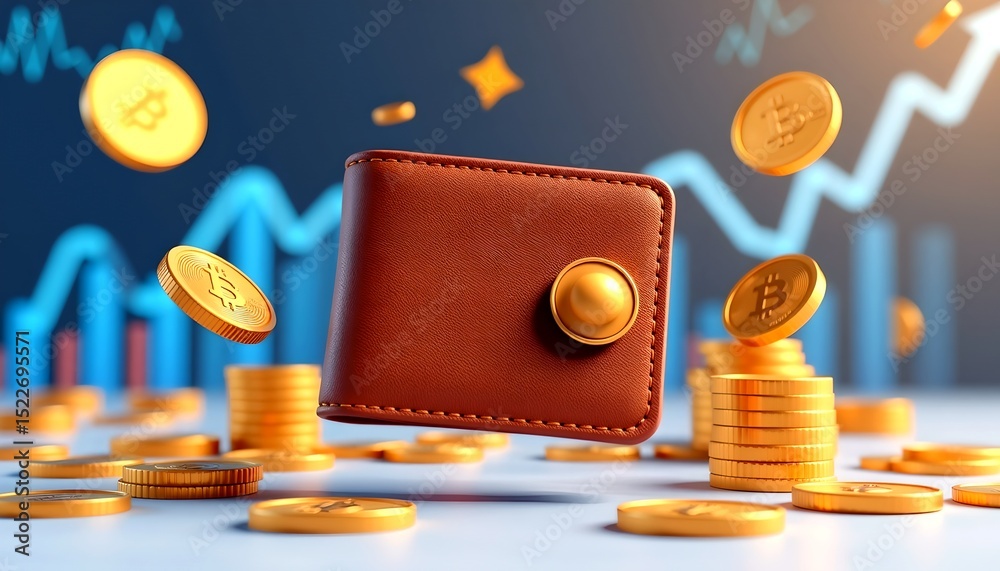 Poster a leather wallet with gold coins scattered around it, representing financial savings and investment.