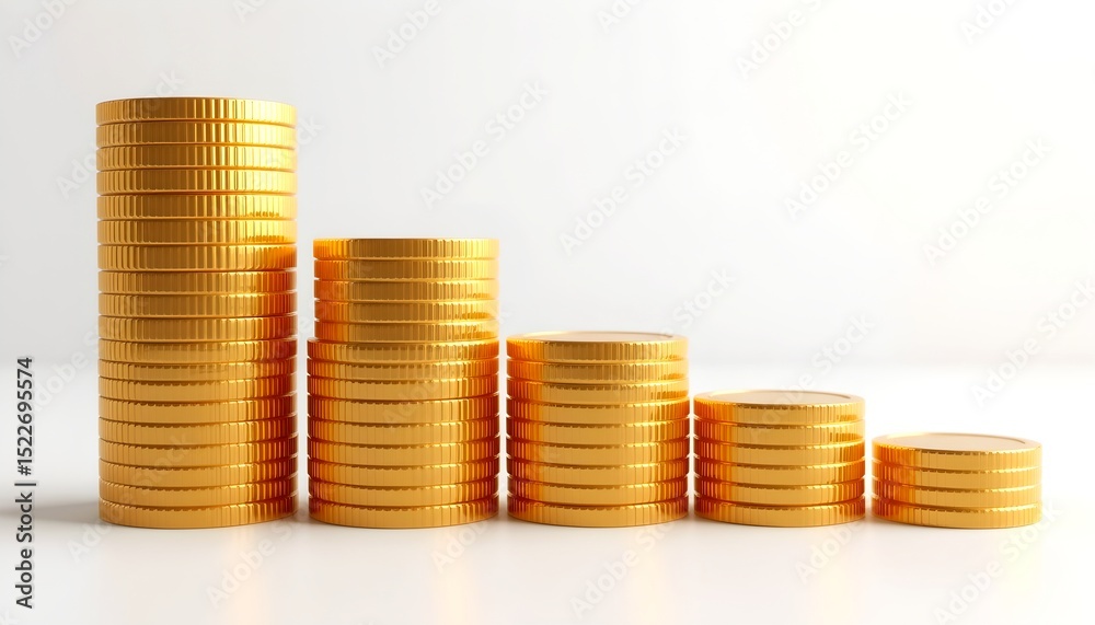 Poster golden coins stacks in descending order on white background