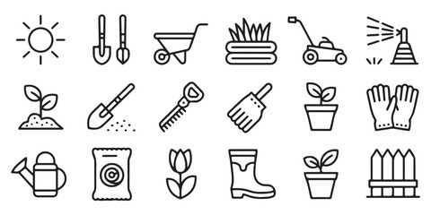 Gardening icons set depicting tools plants and elements for agriculture and horticulture