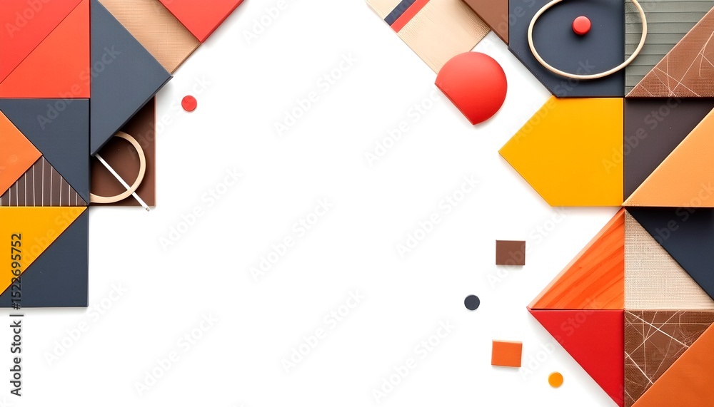 Aufkleber geometric shapes forming an abstract design, showcasing various colors and textures with ample copy 