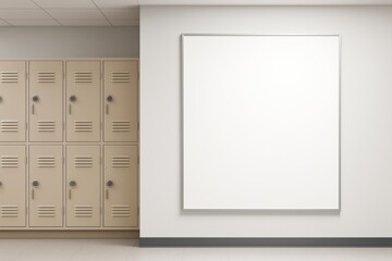 Blank white poster frame on wall next to beige lockers in school hallway with clean light background for advertising or creative design mockup concept.