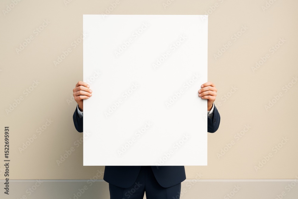 Poster business person holding large blank poster against beige background for advertisement or branding co