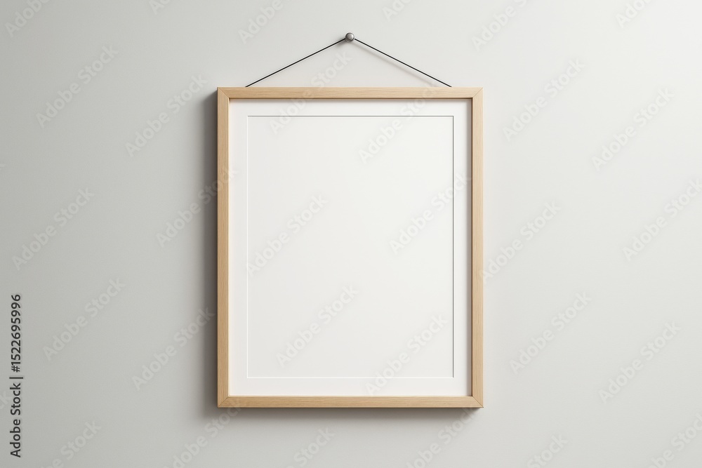 Poster minimalistic wooden frame mockup hanging on light wall background for poster, branding, template or 