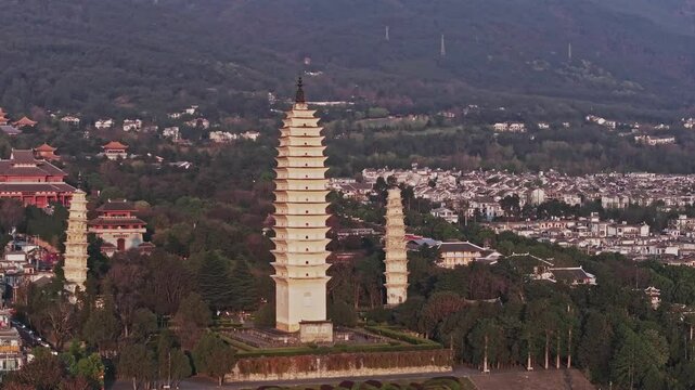 Aerial shot of Three Pagodas at Chongsheng temple in Dali at dawn, Yunnan ,China.