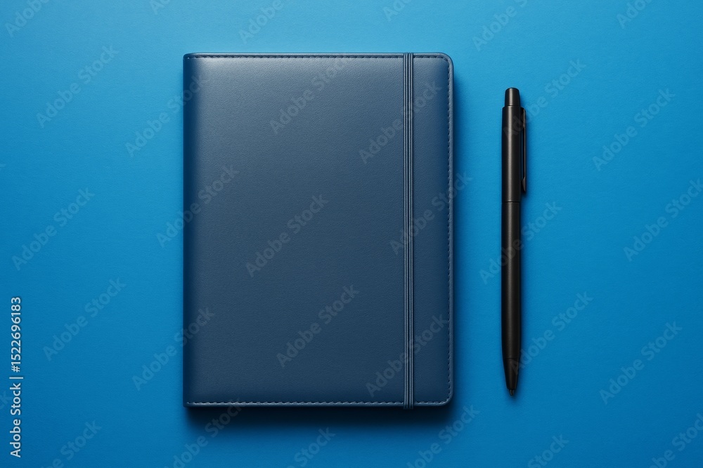 Poster blue notebook and black pen on solid blue background with clean minimal design for mockup, branding 